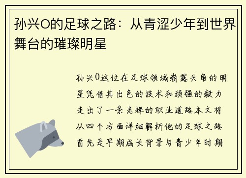 孙兴O的足球之路：从青涩少年到世界舞台的璀璨明星